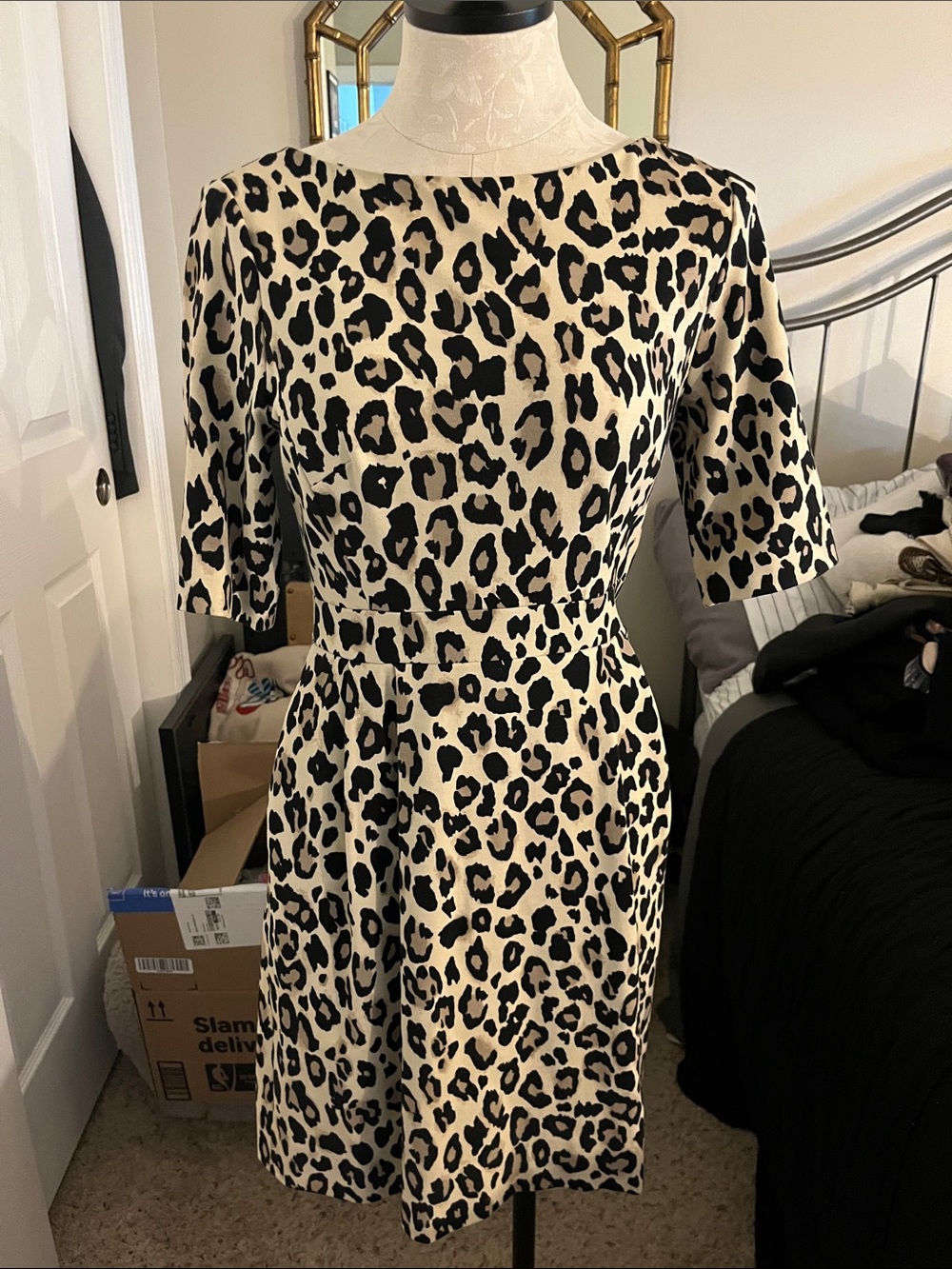 Leopard Print Short Sleeve Mini Dress - Cream and Black